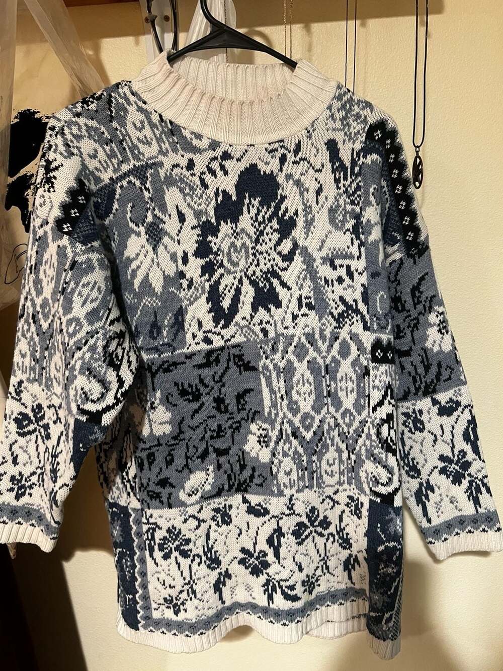 Vintage Cut 4 U Oversized Mock Neck Knit Sweater with Floral Patchwork Pattern